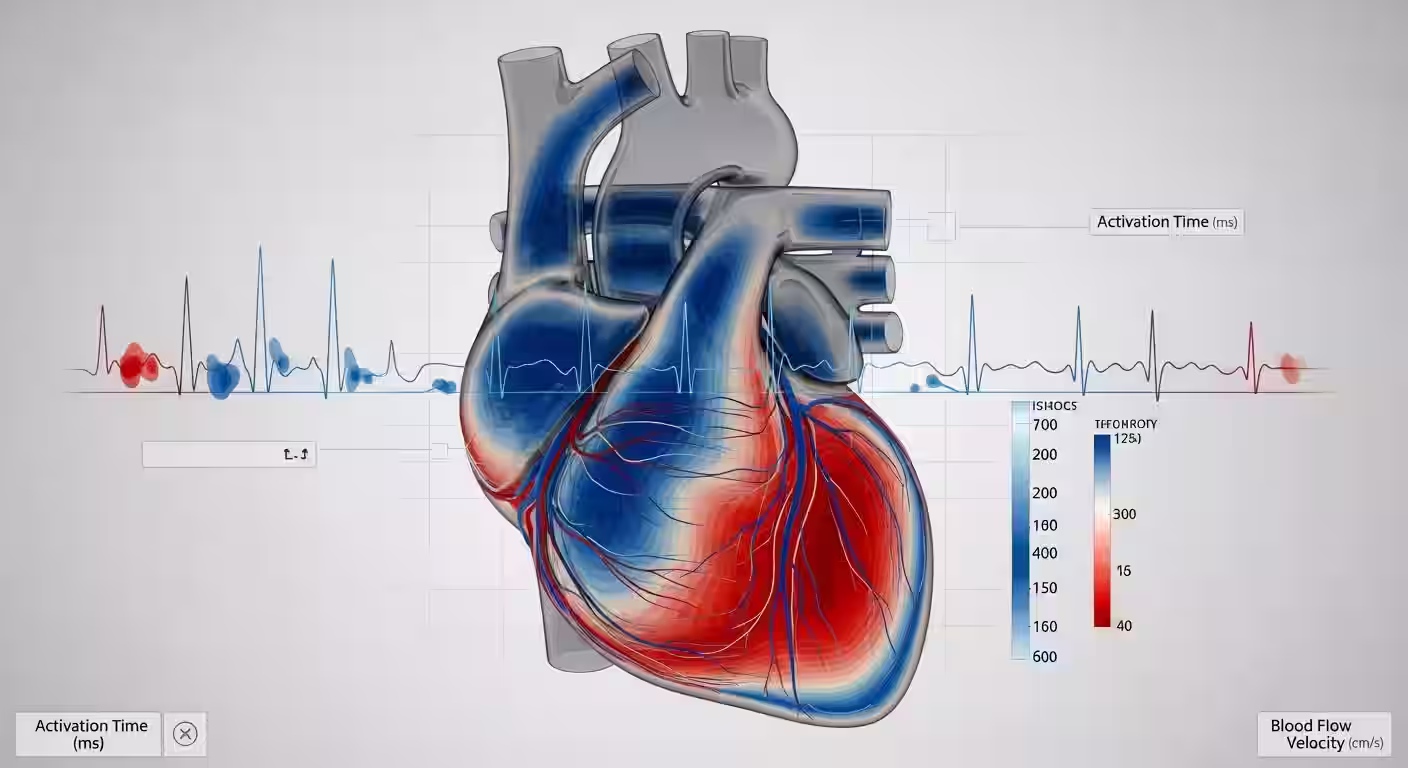 Gemello digitale del cuore con mappatura elettrica e flusso ematico.